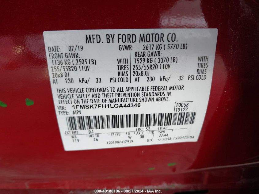 2020 Ford Explorer Limited VIN: 1FMSK7FH1LGA44346 Lot: 40188106