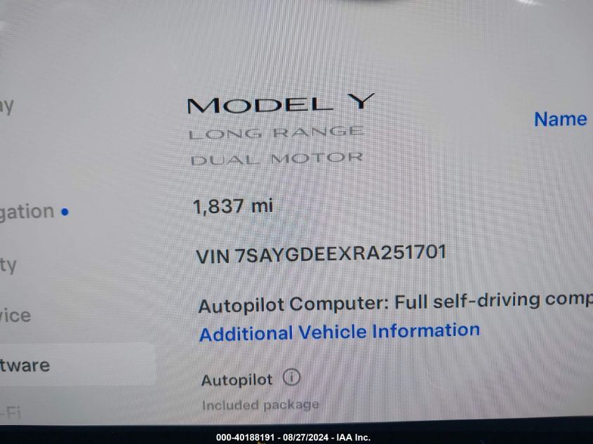 2024 Tesla Model Y Long Range Dual Motor All-Wheel Drive VIN: 7SAYGDEEXRA251701 Lot: 40188191