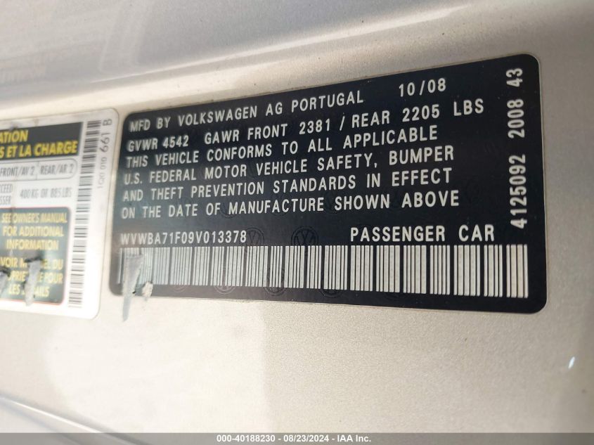 2009 Volkswagen Eos Komfort VIN: WVWBA71F09V013378 Lot: 40188230