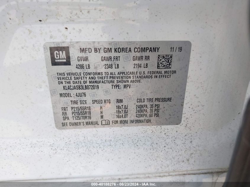 2020 Buick Encore Fwd Preferred VIN: KL4CJASB3LB072019 Lot: 40188276