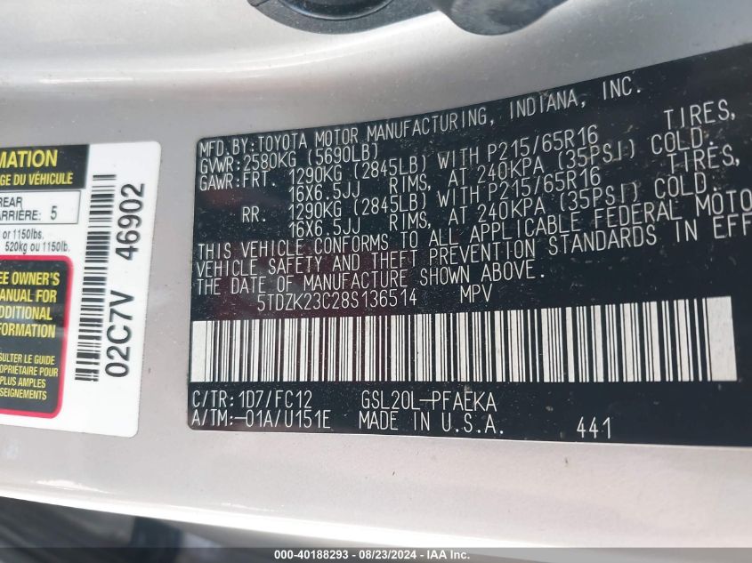 2008 Toyota Sienna Le VIN: 5TDZK23C28S136514 Lot: 40188293