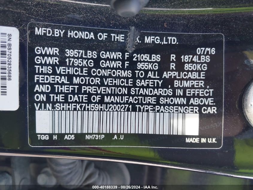 2017 HONDA CIVIC EX - SHHFK7H59HU200271