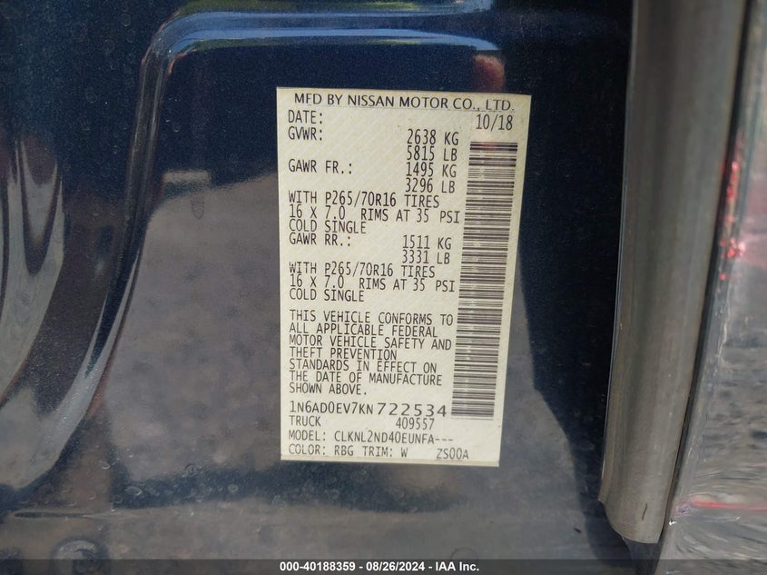 2019 NISSAN FRONTIER VIN: 1N6AD0EV7KN722534
