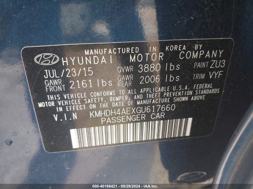 2016 Hyundai Elantra Se VIN: KMHDH4AEXGU617660 Lot: 40188421