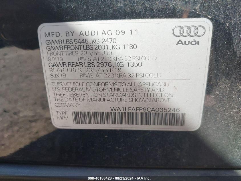 2012 Audi Q5 2.0T Premium VIN: WA1LFAFP9CA035246 Lot: 40188428