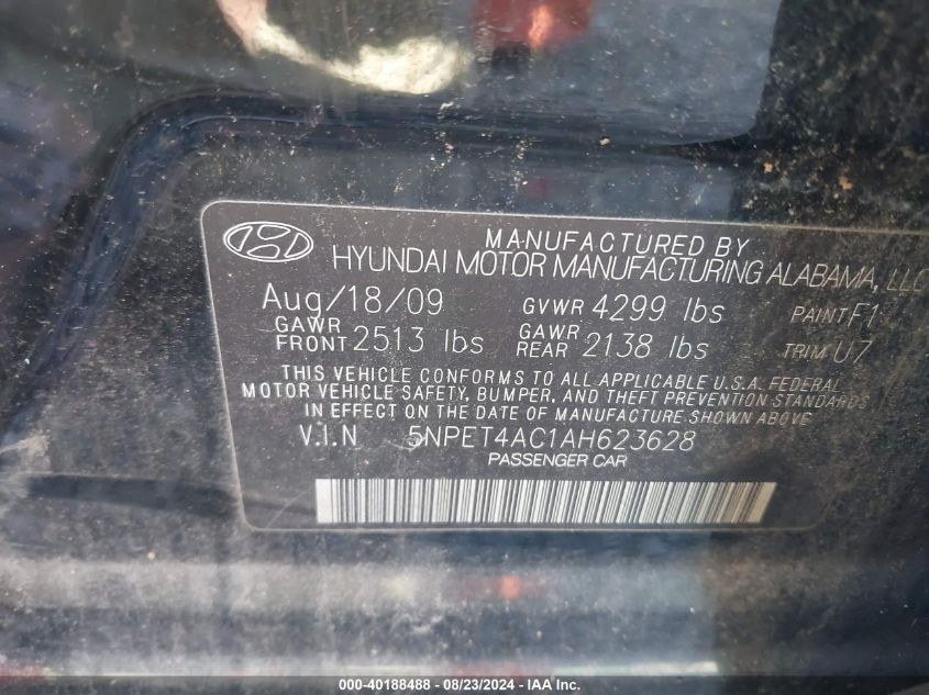 2010 Hyundai Sonata Gls VIN: 5NPET4AC1AH623628 Lot: 40188488