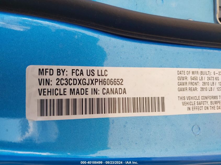 2023 Dodge Charger Scat Pack VIN: 2C3CDXGJXPH606652 Lot: 40188499