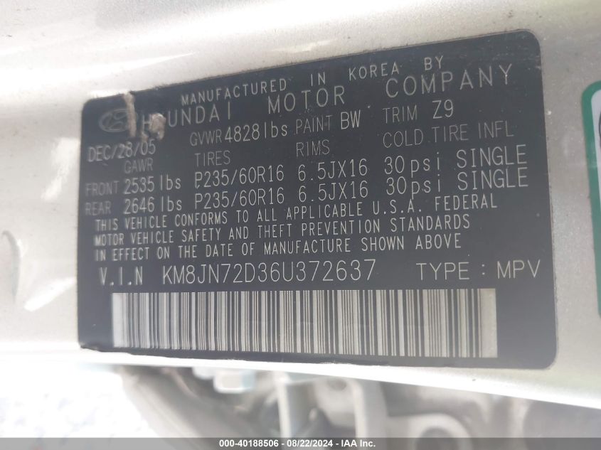 2006 Hyundai Tucson Gls/Limited VIN: KM8JN72D36U372637 Lot: 40188506