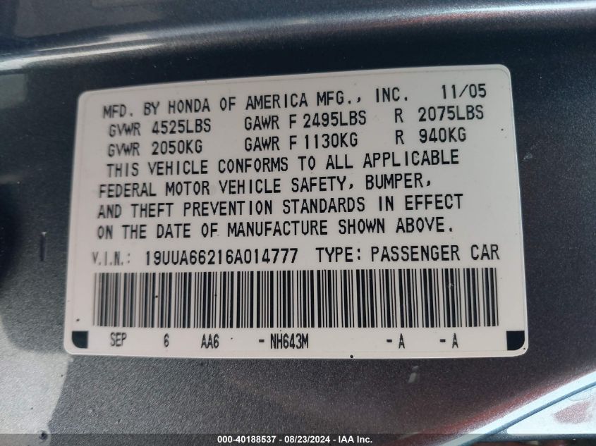 2006 Acura Tl VIN: 19UUA66216A014777 Lot: 40188537