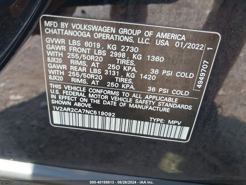 1V2AR2CA7NC519092 2022 Volkswagen Atlas 3.6L V6 Sel R-Line