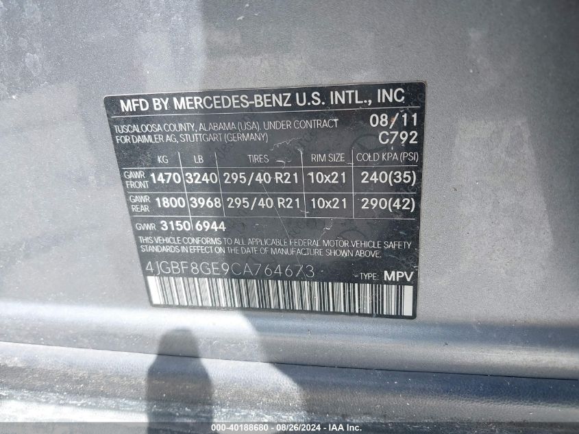 4JGBF8GE9CA764673 2012 Mercedes-Benz Gl 550 4Matic