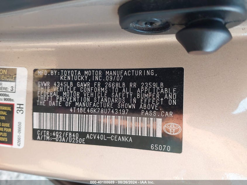 2008 Toyota Camry VIN: 4T1BE46K78U743197 Lot: 40188689