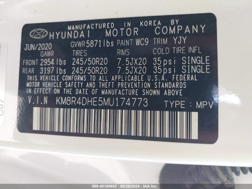 2021 Hyundai Palisade Sel VIN: KM8R4DHE5MU174773 Lot: 40188692