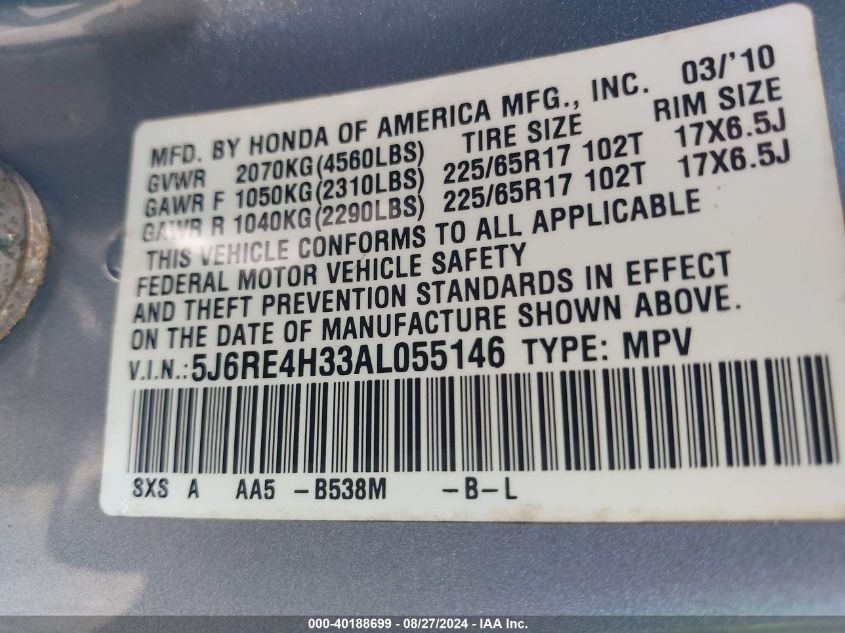 2010 Honda Cr-V Lx VIN: 5J6RE4H33AL055146 Lot: 40188699