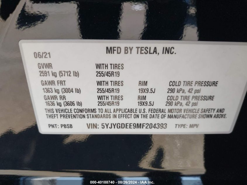 2021 Tesla Model Y Long Range Dual Motor All-Wheel Drive VIN: 5YJYGDEE9MF204393 Lot: 40188740