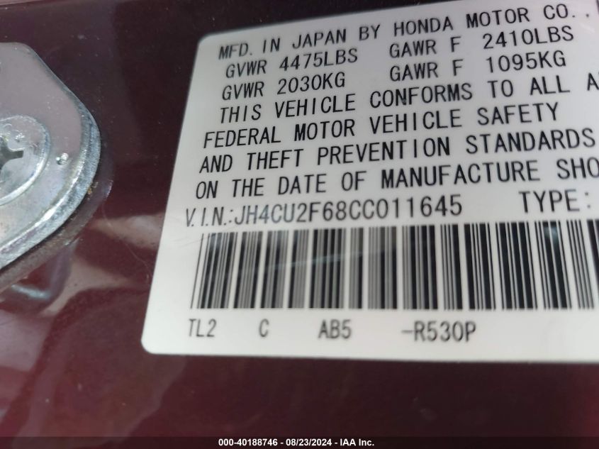 2012 Acura Tsx 2.4 VIN: JH4CU2F68CC011645 Lot: 40188746