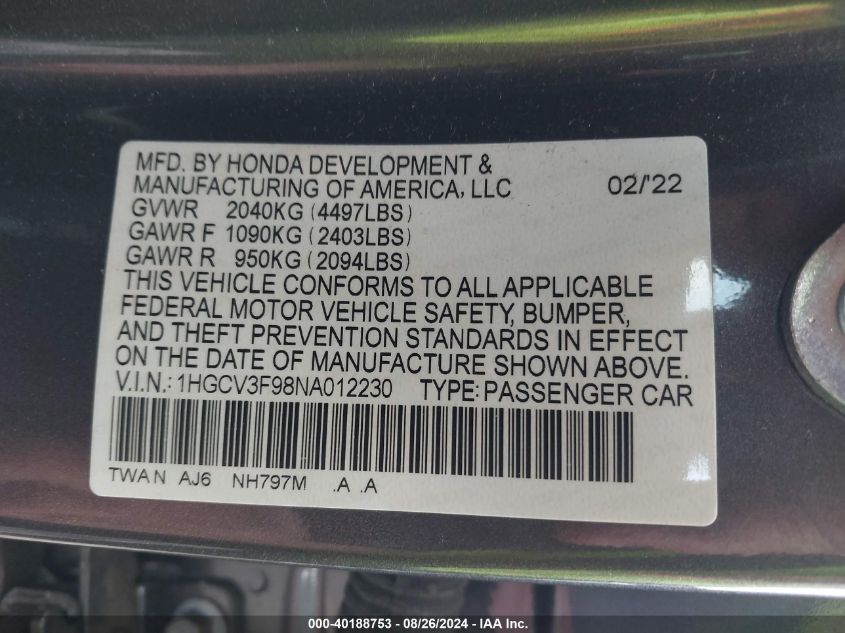 2022 Honda Accord Hybrid Touring VIN: 1HGCV3F98NA012230 Lot: 40188753