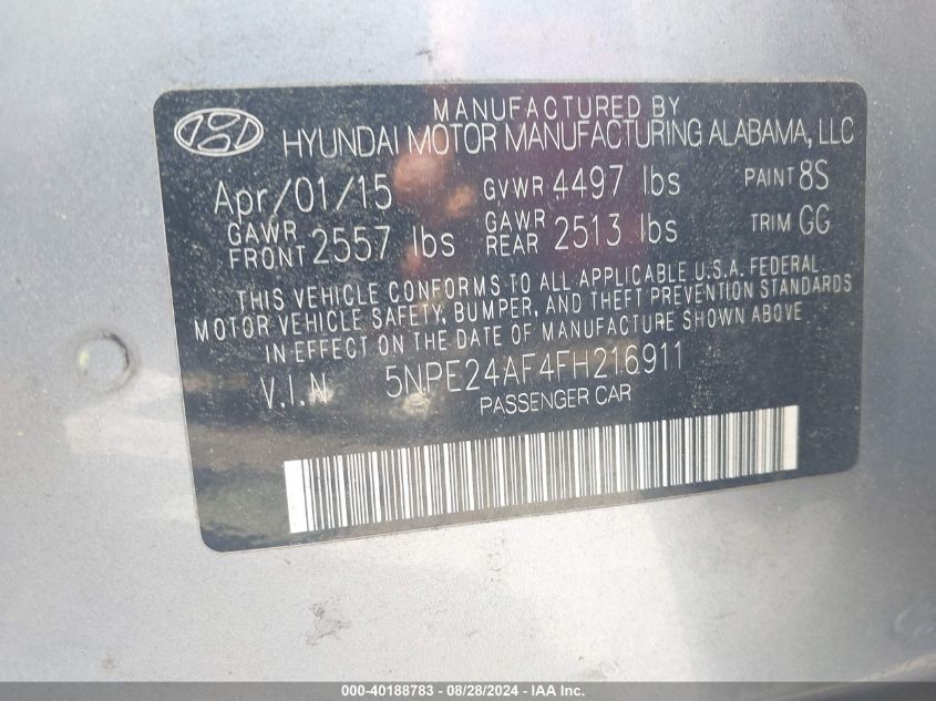 5NPE24AF4FH216911 2015 Hyundai Sonata Se