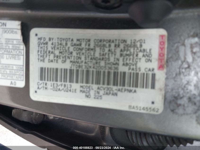 JTDBE32K420053636 2002 Toyota Camry Le/Se/Xle