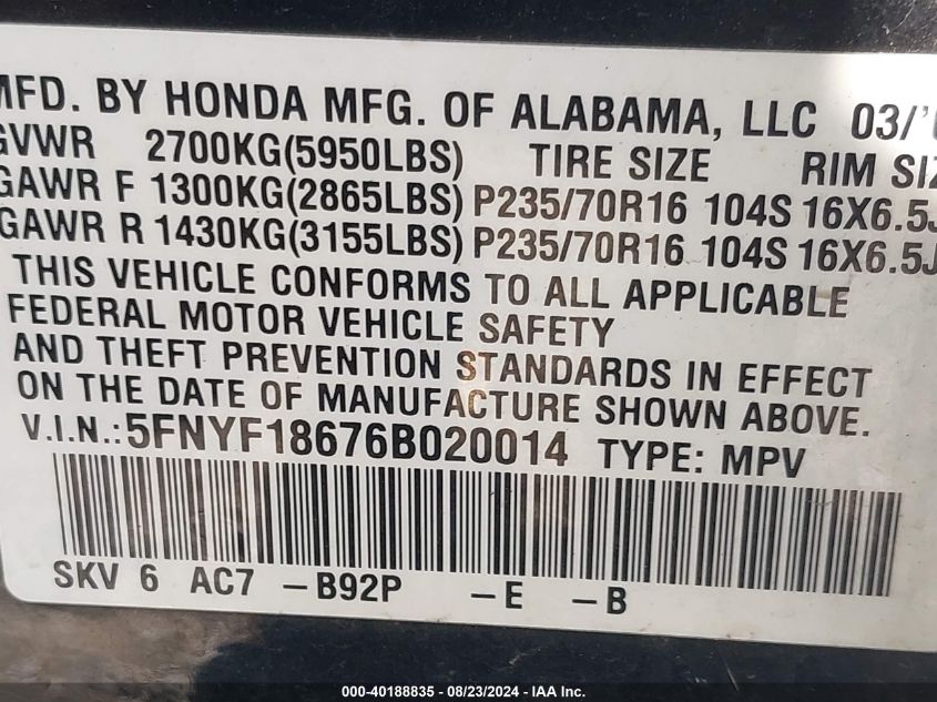 2006 Honda Pilot Ex-L VIN: 5FNYF18676B020014 Lot: 40188835