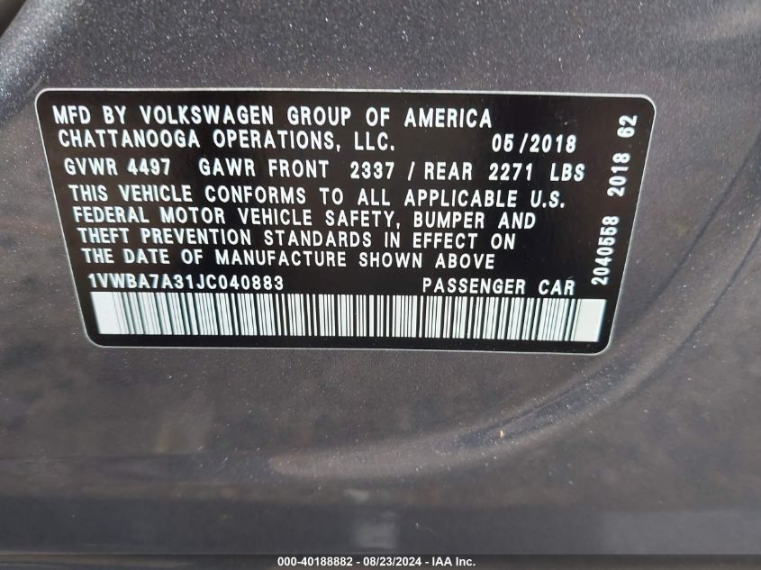 1VWBA7A31JC040883 2018 Volkswagen Passat 2.0T Se