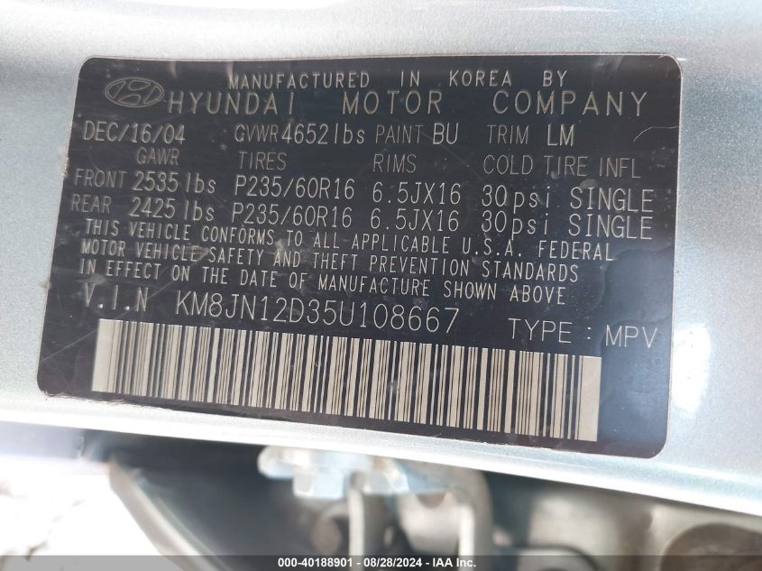 KM8JN12D35U108667 2005 Hyundai Tucson Gls/Lx