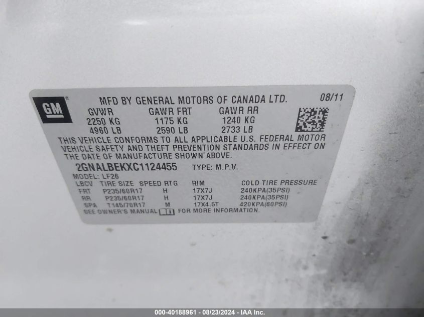 2012 Chevrolet Equinox Ls VIN: 2GNALBEKXC1124455 Lot: 40188961