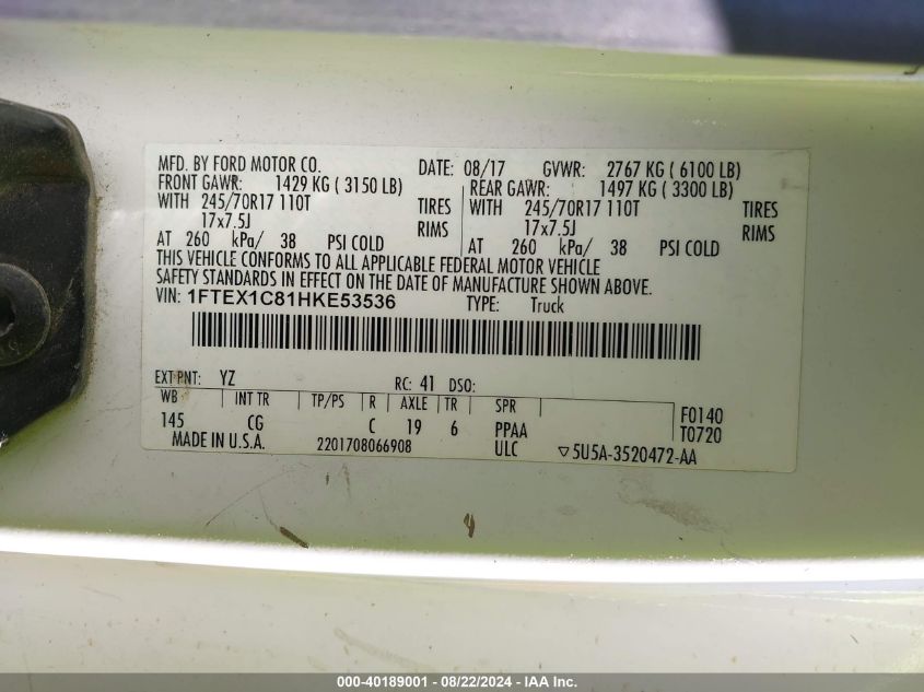 2017 Ford F-150 Xl VIN: 1FTEX1C81HKE53536 Lot: 40189001