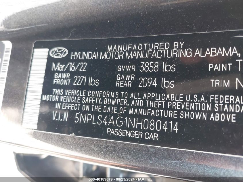 2022 Hyundai Elantra Sel VIN: 5NPLS4AG1NH080414 Lot: 40189079