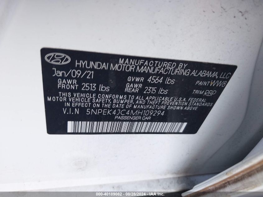 2021 Hyundai Sonata N Line VIN: 5NPEK4JC4MH109294 Lot: 40189082