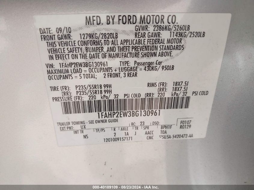 2011 Ford Taurus Sel VIN: 1FAHP2EW3BG130961 Lot: 40189109