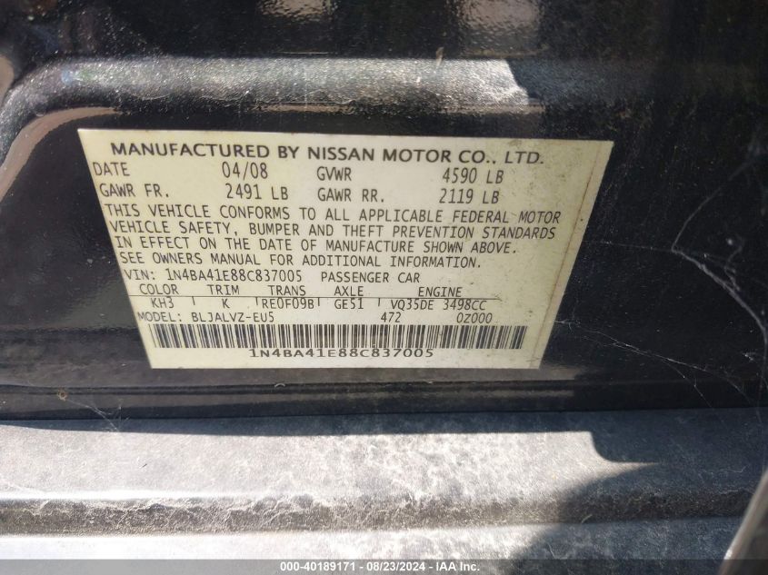 2008 Nissan Maxima 3.5 Se VIN: 1N4BA41E88C837005 Lot: 40189171