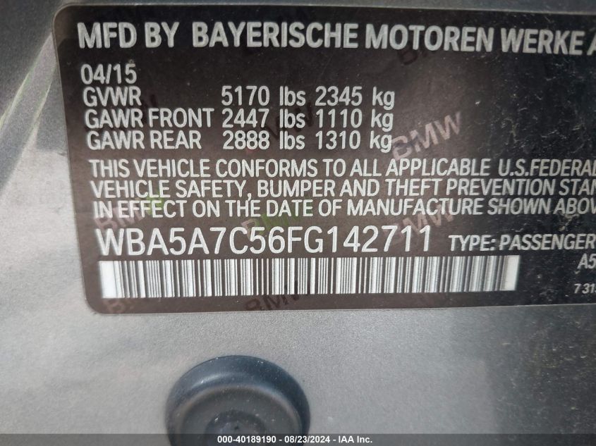 2015 BMW 528I xDrive VIN: WBA5A7C56FG142711 Lot: 40189190