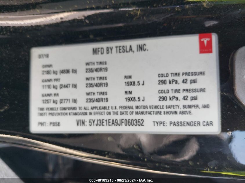 5YJ3E1EA9JF060352 2018 Tesla Model 3 Long Range/Mid Range