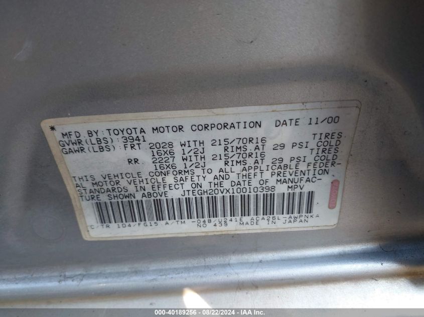 2001 Toyota Rav4 VIN: JTEGH20VX10010398 Lot: 40189256