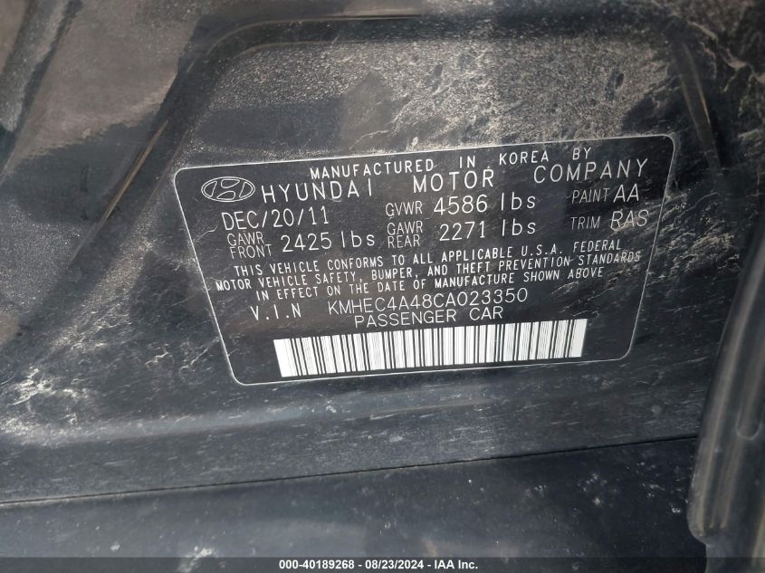 2012 Hyundai Sonata Hybrid VIN: KMHEC4A48CA023350 Lot: 40189268