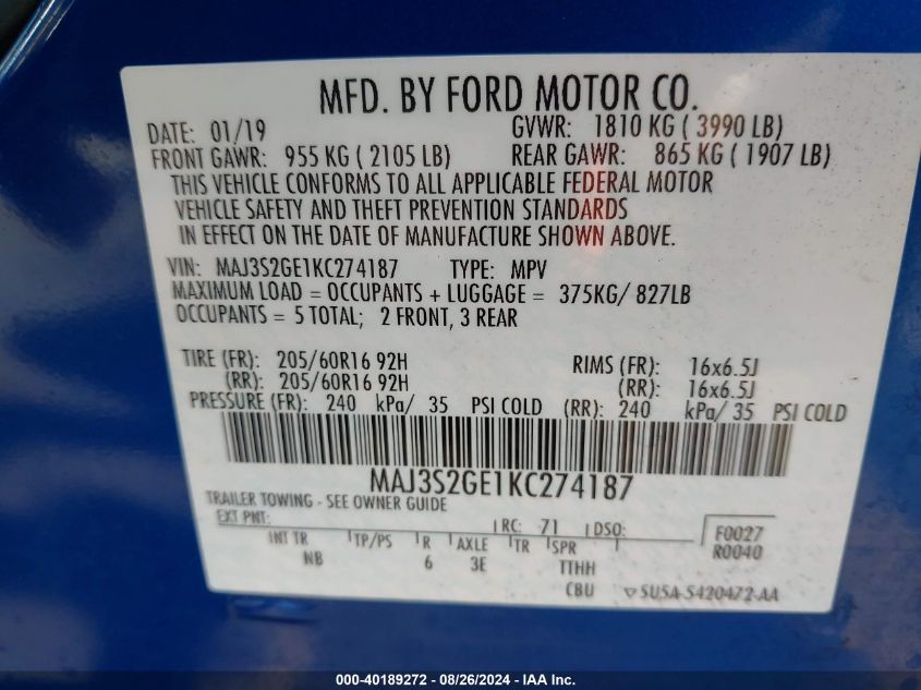 MAJ3S2GE1KC274187 2019 Ford Ecosport Se