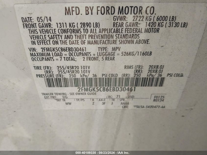 2014 Ford Flex Sel VIN: 2FMGK5C86EBD30461 Lot: 40189335