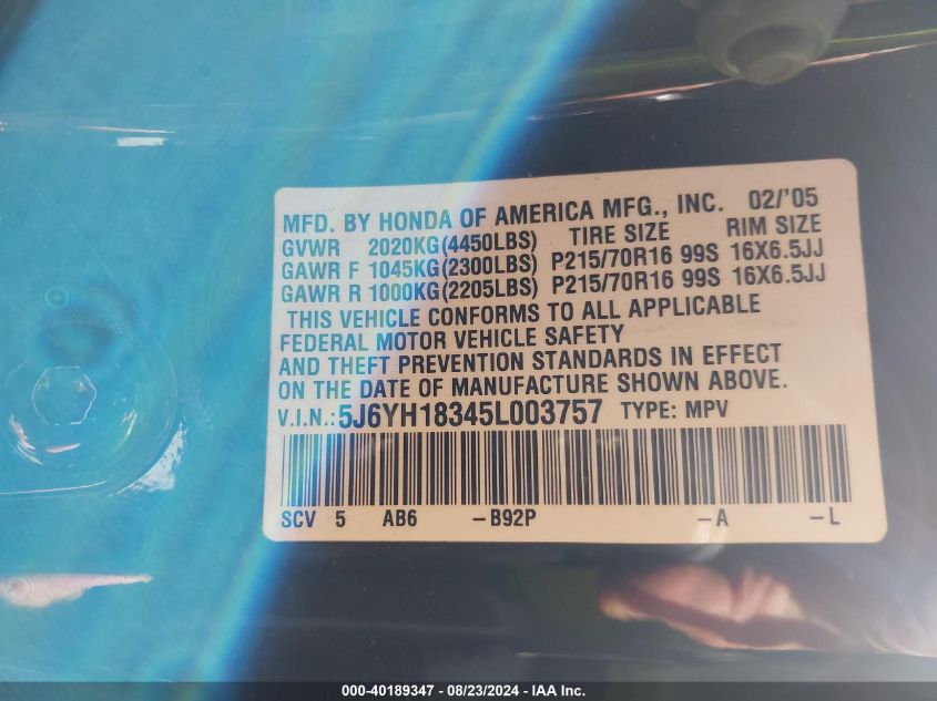 2005 Honda Element Lx VIN: 5J6YH18345L003757 Lot: 40189347