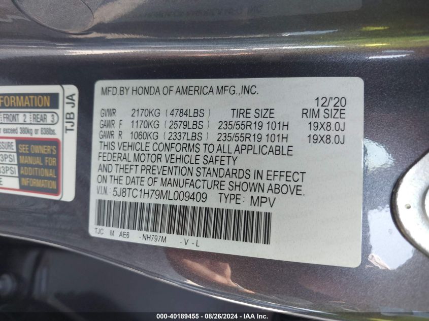 2021 Acura Rdx Advance Package VIN: 5J8TC1H79ML009409 Lot: 40189455