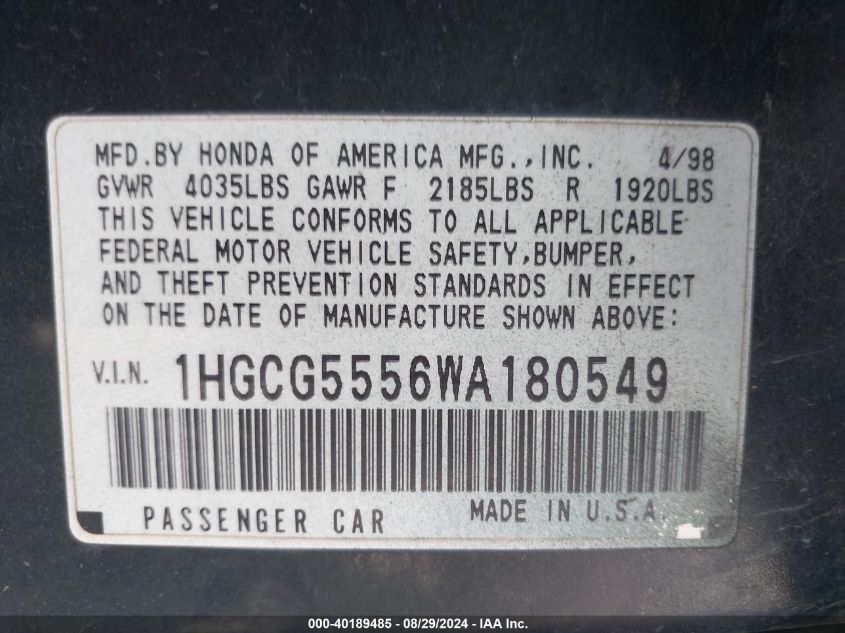 1998 Honda Accord Ex VIN: 1HGCG5556WA180549 Lot: 40189485