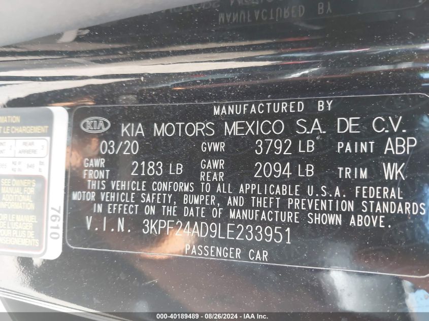 2020 Kia Forte Lxs VIN: 3KPF24AD9LE233951 Lot: 40189489