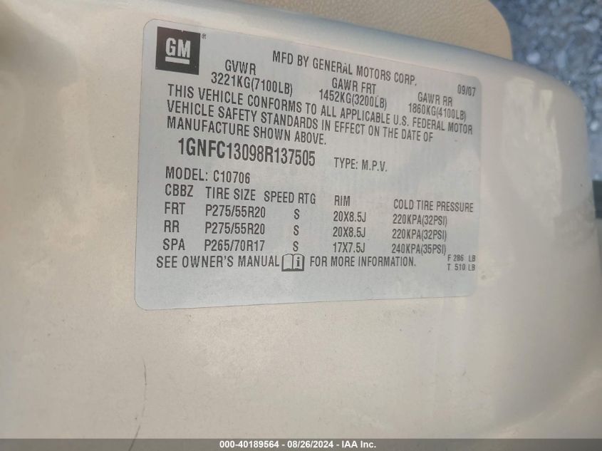2008 Chevrolet Tahoe Lt VIN: 1GNFC13098R137505 Lot: 40189564