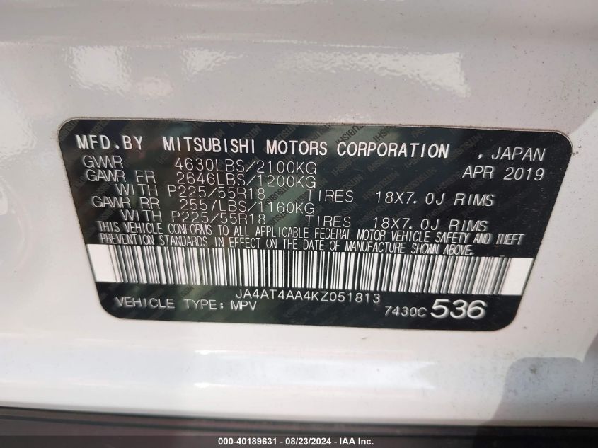 2019 Mitsubishi Eclipse Cross Le VIN: JA4AT4AA4KZ051813 Lot: 40189631