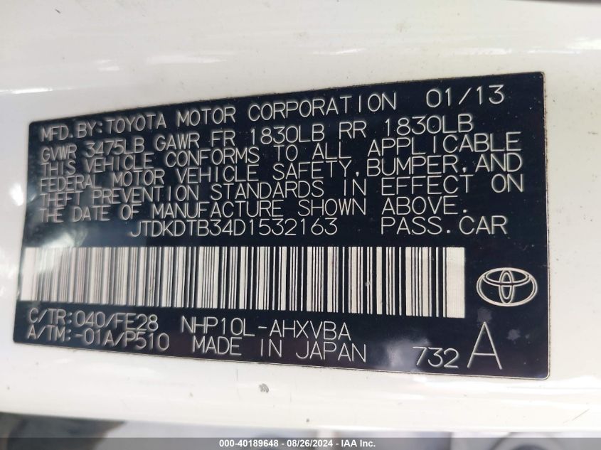 JTDKDTB34D1532163 2013 Toyota Prius C One