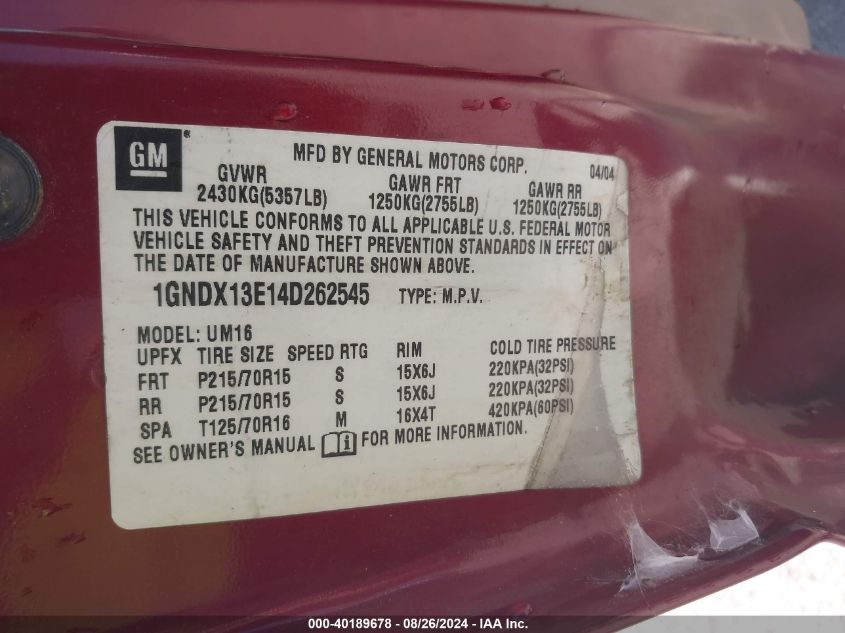 2004 Chevrolet Venture Lt VIN: 1GNDX13E14D262545 Lot: 40189678