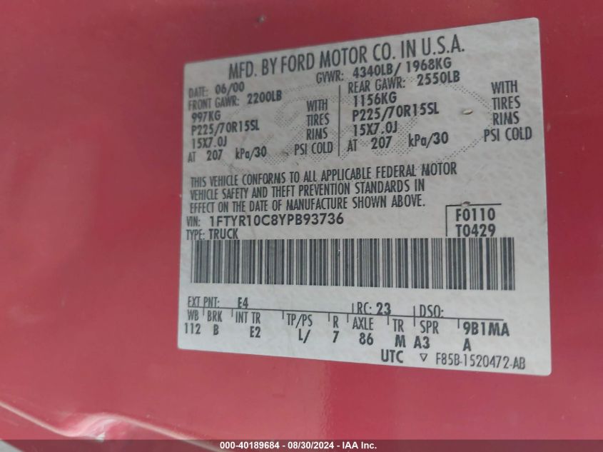 2000 Ford Ranger Xl/Xlt VIN: 1FTYR10C8YPB93736 Lot: 40189684
