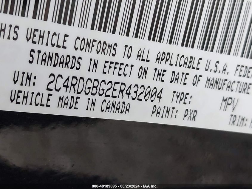 2014 Dodge Grand Caravan Se VIN: 2C4RDGBG2ER432004 Lot: 40189695
