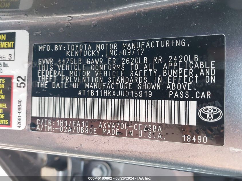 4T1B11HKXJU015919 2018 Toyota Camry Se