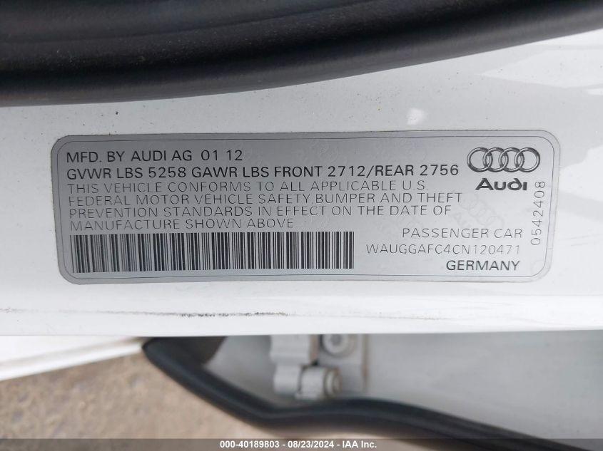 2012 Audi A6 3.0 Premium VIN: WAUGGAFC4CN120471 Lot: 40189803